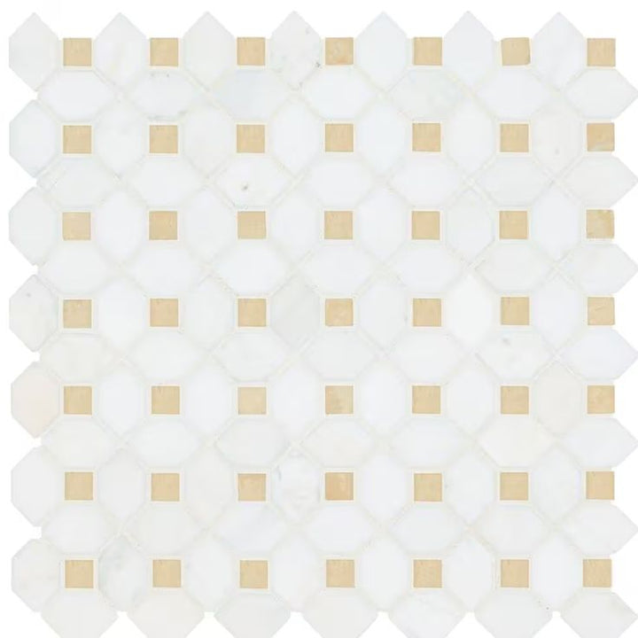 Bianco Dolomite Crema Dotty 12 in. x 12 in. Polished Marble Mesh-Mounted Mosaic Floor and Wall Tile (10.7 sq. ft./case)