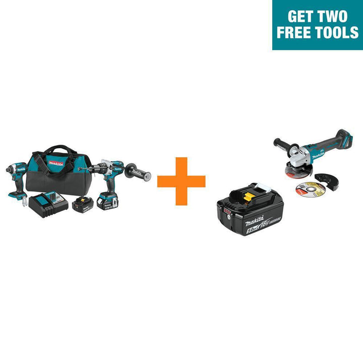 Makita 18V LXT Brushless 2‑Pc Combo Kit (XT268T) 5.0Ah with Bonus 18V LXT 5.0Ah Battery and 18V LXT Brushless Cut‑Off/Angle Grinder