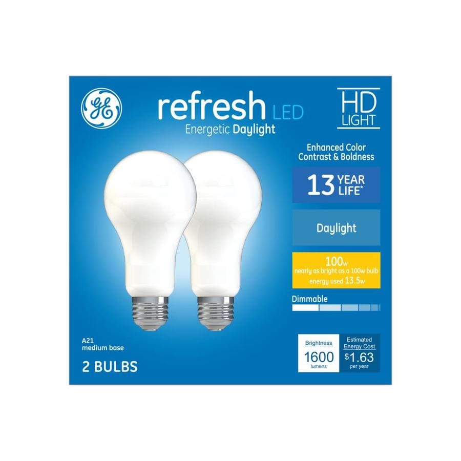 GE Refresh 100-Watt Equivalent A21 Daylight Dimmable LED Light Bulb, ENERGY STAR, 2-Pack