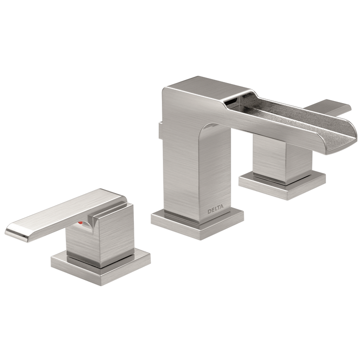 Delta Ara Stainless 2‑Handle Widespread WaterSense Bathroom Sink Faucet with Drain, 4–16 in Centers