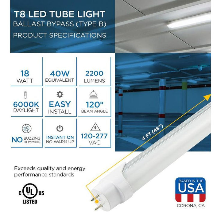 Viribright 4 ft. 40-Watt Equivalent Ballast Bypass Daylight White (6000K) Linear Single End Power T8 LED Tube Light Bulb (12-Pack)