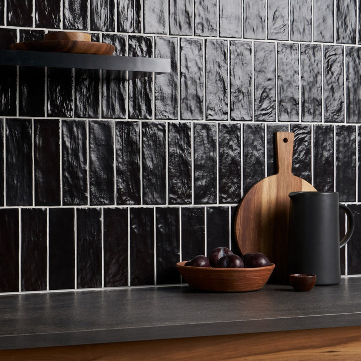 Montauk Jet Black 2x8 Mixed Finish Ceramic Subway Tile - Lux Tile