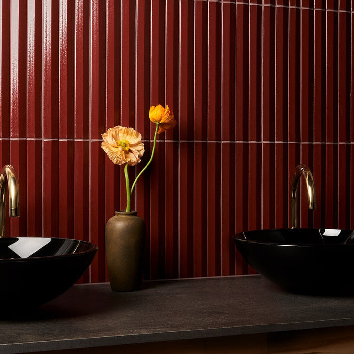Lux Tile Ponto Ruby Red Fluted 5x16 3D Polished Porcelain Wall Tile