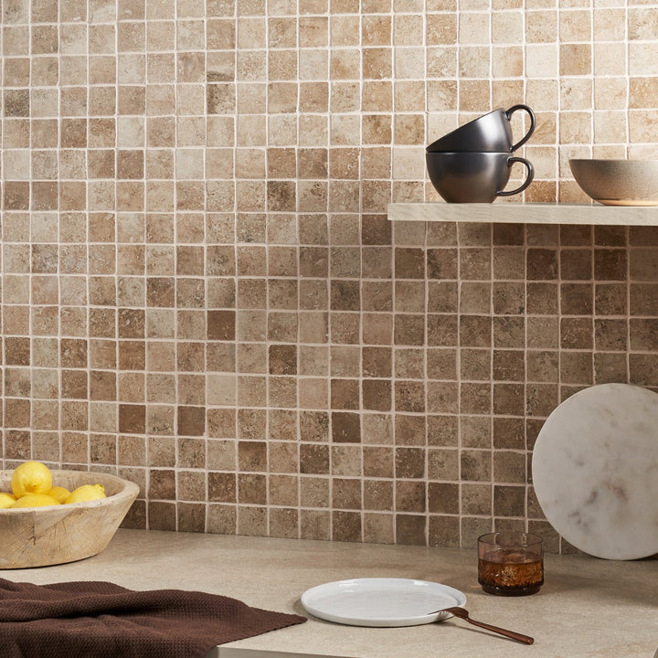 Seville Delfi Beige 2x2 Porcelain Mosaic Tile - Travertine Look