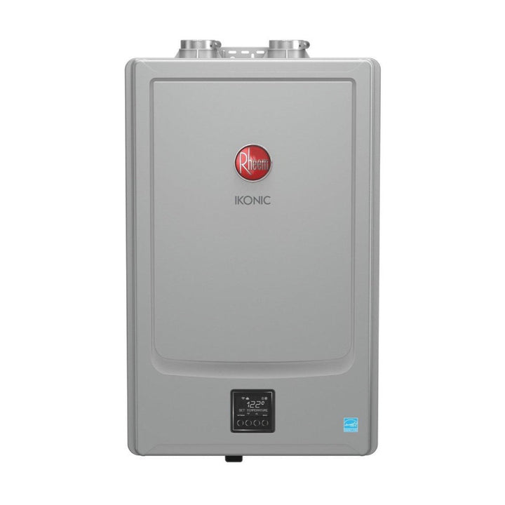 Rheem RRTGHSR84I700193 157 MBH Indoor Condensing Natural Gas/Propane Gas Tankless Water Heater shown centered on a square white background