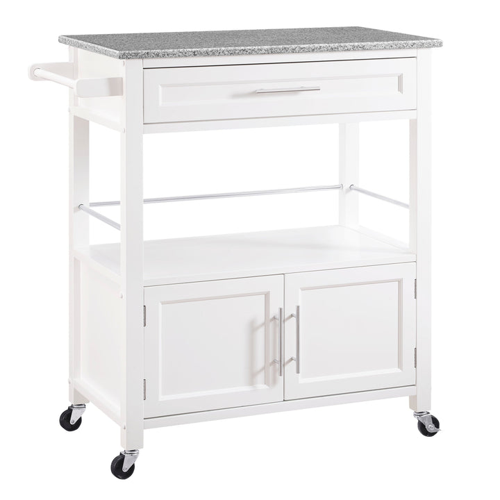 Linon White Wood Base with Granite Top Rolling Kitchen Cart (18-in x 33-in x 36-in)