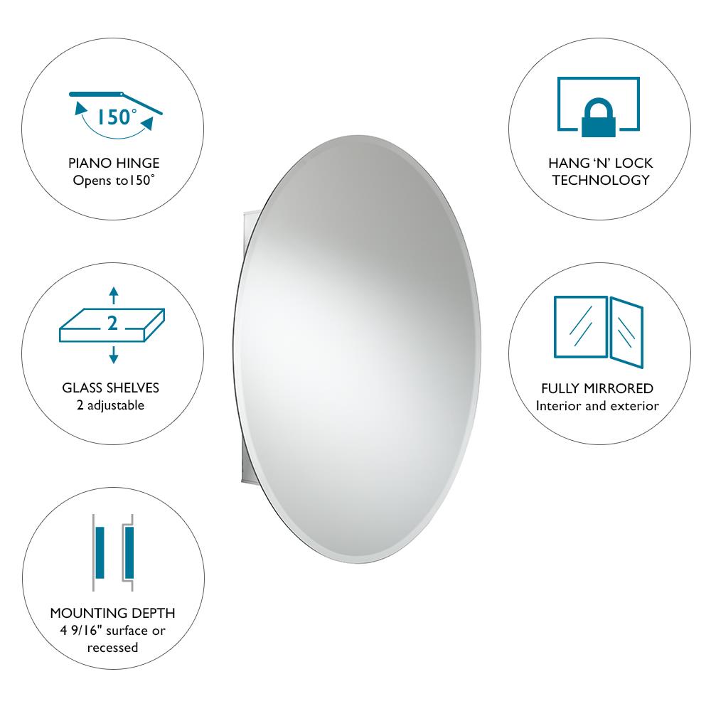 JACUZZI 21 in. x 31 in. Recessed or Surface-Mount Single-Door Oval Medicine Cabinet, Aluminum