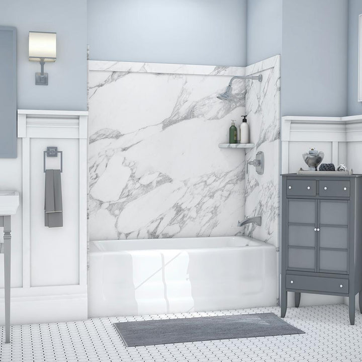 Elite 32 in. x 60 in. x 60 in. 9-Piece Easy Up Adhesive Tub Surround in Calacatta White - Super Arbor