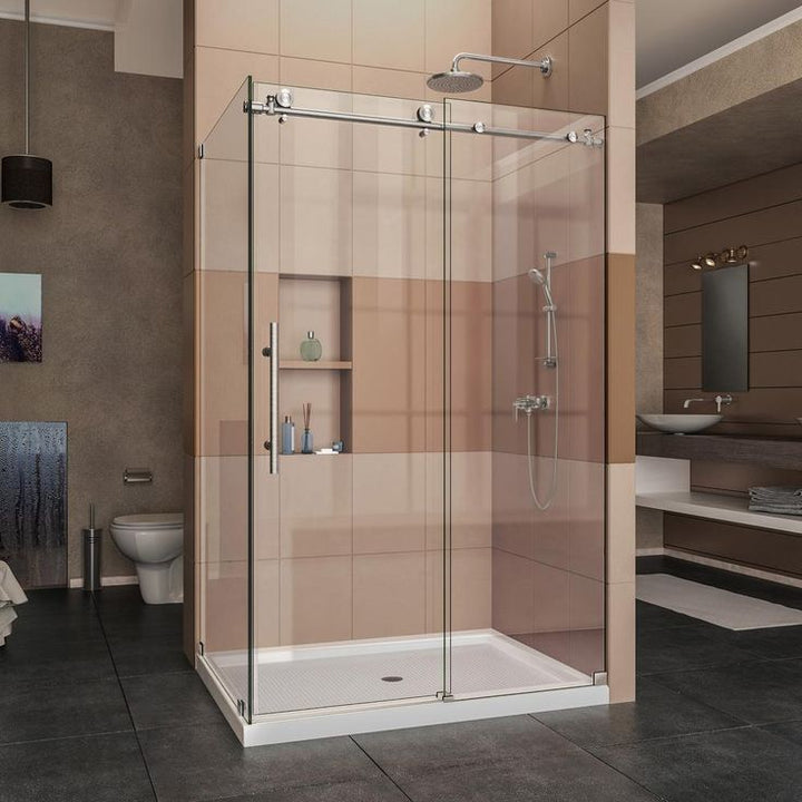 DreamLine Enigma-X Frameless Sliding Corner Shower Enclosure, 34-1/2 in. D x 48-3/8 in. W x 76 in. H, Brushed Stainless Steel