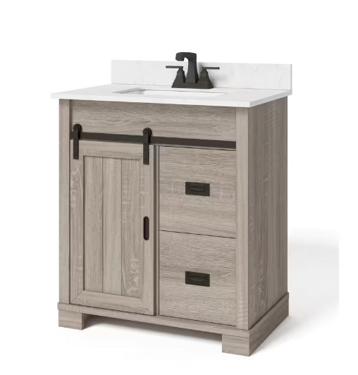Brindley 30 in W x 20 in D x 35 in H Single Sink Freestanding Vanity in Gray w/ Veined White Engineered Stone Top