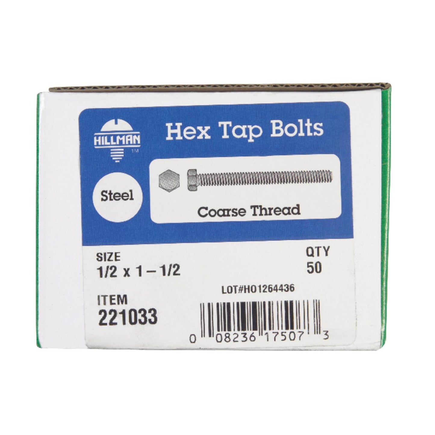 Hillman 1/2 in. Diameter x 1-1/2 in. Length Zinc-Plated Steel Hex Tap Bolts, Coarse Thread, 50-Pack