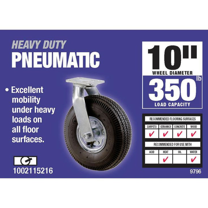 10 in. Pneumatic Swivel Caster with 350 lb. Load Rating