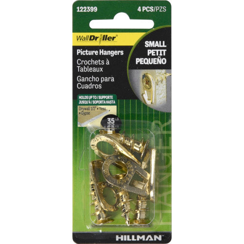 Hillman WallDriller Gold Drywall Picture Hook, 35 lb Capacity, 4-Pack