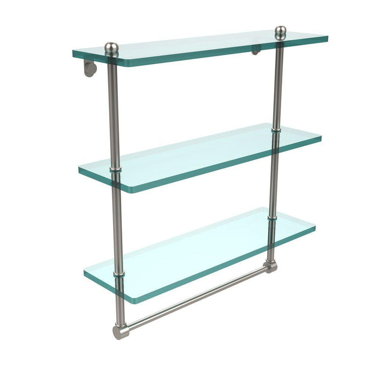 16 in. L x 18 in. H x 5 in. W 3-Tier Clear Glass Bathroom Shelf with Towel Bar in Satin Nickel - Super Arbor