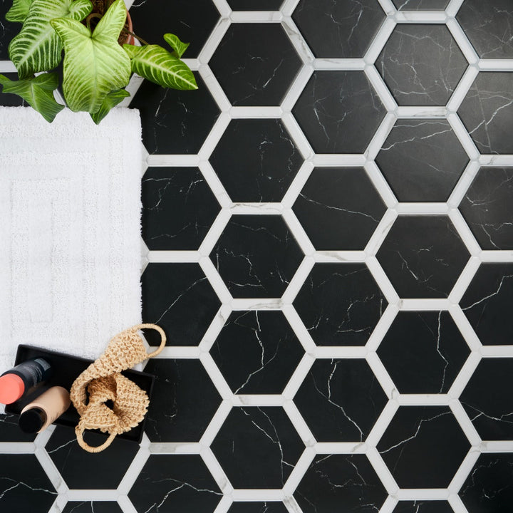 Sagon Nero Black 9" Hexagon Matte Porcelain Tile - Lux Tile