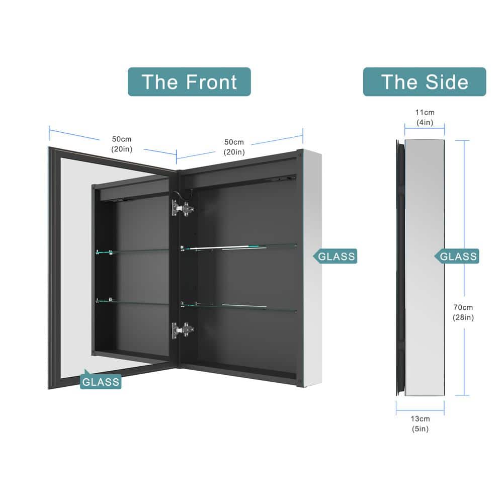 GANPE 20 in. W x 28 in. H Large Rectangular Silver Wall Mount LED Lighted Medicine Cabinet with Mirror