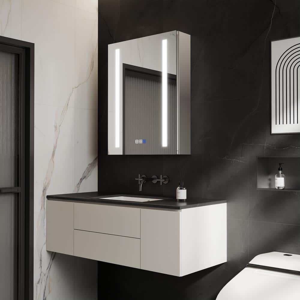 GroGro Glare 20 in. W x 26 in. H Rectangular Aluminum Recessed/Surface Mount Left Open Medicine Cabinet with Mirror LED