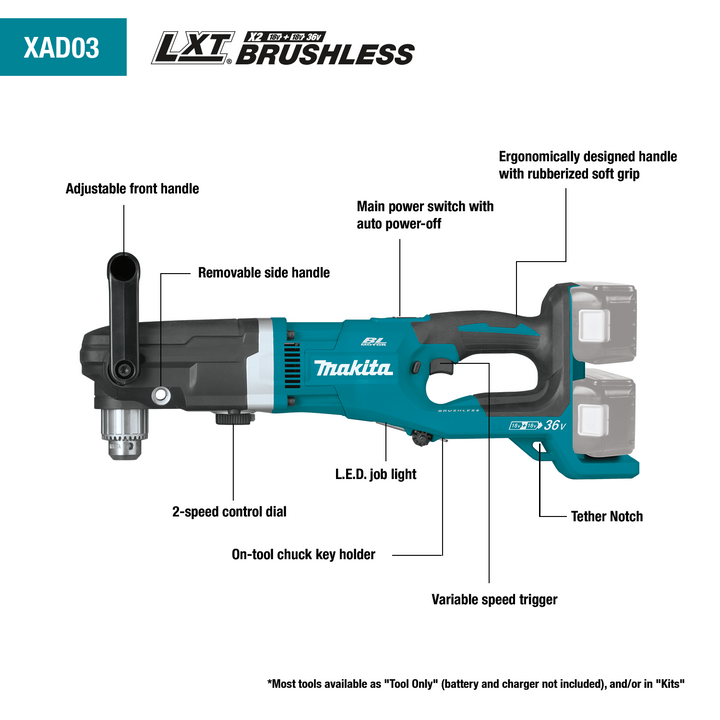 Makita 18V X2 (36V) LXT Brushless 1/2 in. Right Angle Drill Kit, 5.0Ah (XAD03PT)