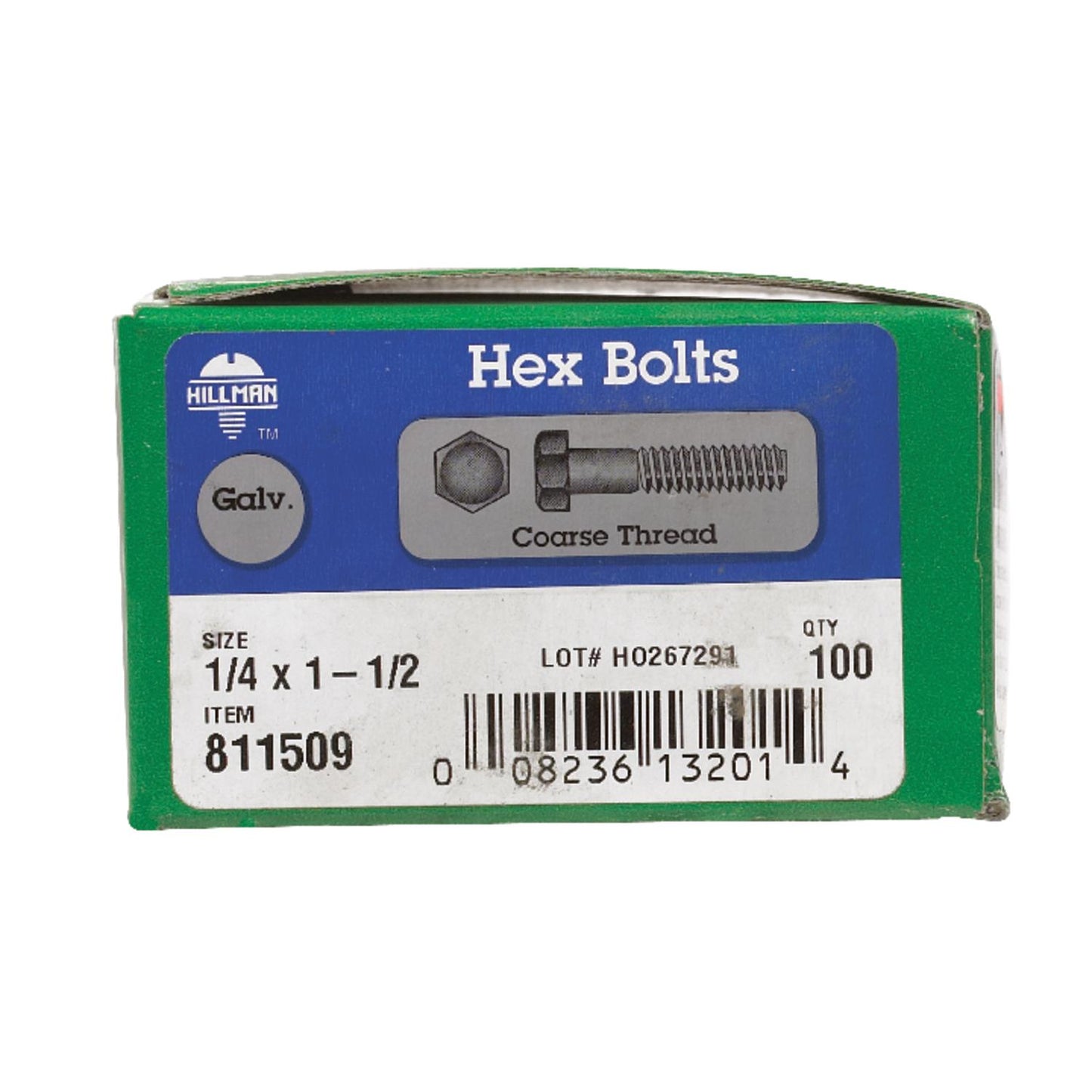 Hillman 1/4 in. Diameter x 1-1/2 in. Length Hot-Dipped Galvanized Steel Hex Bolt, Coarse Thread, 100-Pack
