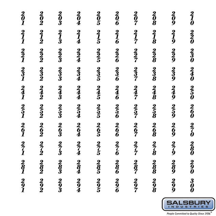 Self-Adhesive Numbers Sheet for Aluminum Mailboxes - 201 to 300 Series