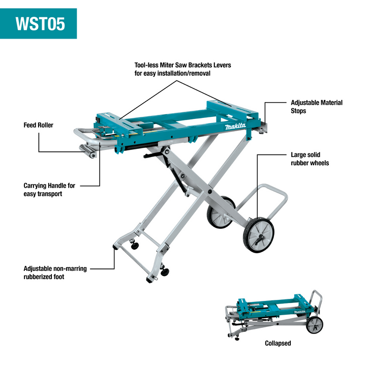Makita WST05 Portable Rise Jobsite Miter Saw Stand, 46 in. Folded, 106-1/2 in. Extensions, 220 lb Capacity