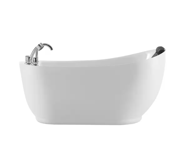 59 in. Right Hand Drain Acrylic Freestanding Flatbottom Whirlpool Bathtub in White with Faucet - Water Jets