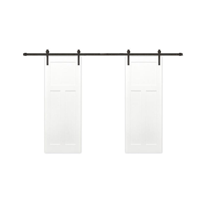 60 in. x 80 in. Bi-Parting Shaker 3-Panel Solid Core Primed Pine Sliding Barn Door with Bronze Hardware Kit - Super Arbor