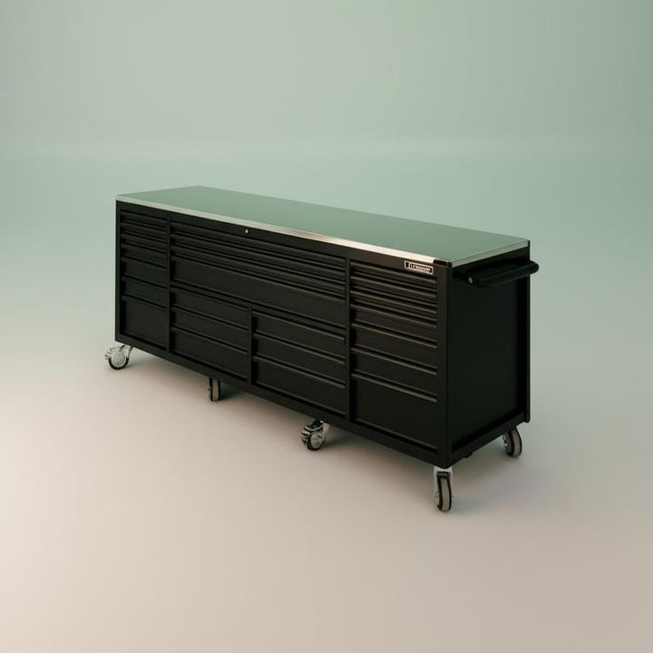 Husky Heavy-Duty 96 in. x 24 in. Matte Black Mobile Workbench Cabinet with Stainless Steel Top, 24 Drawers