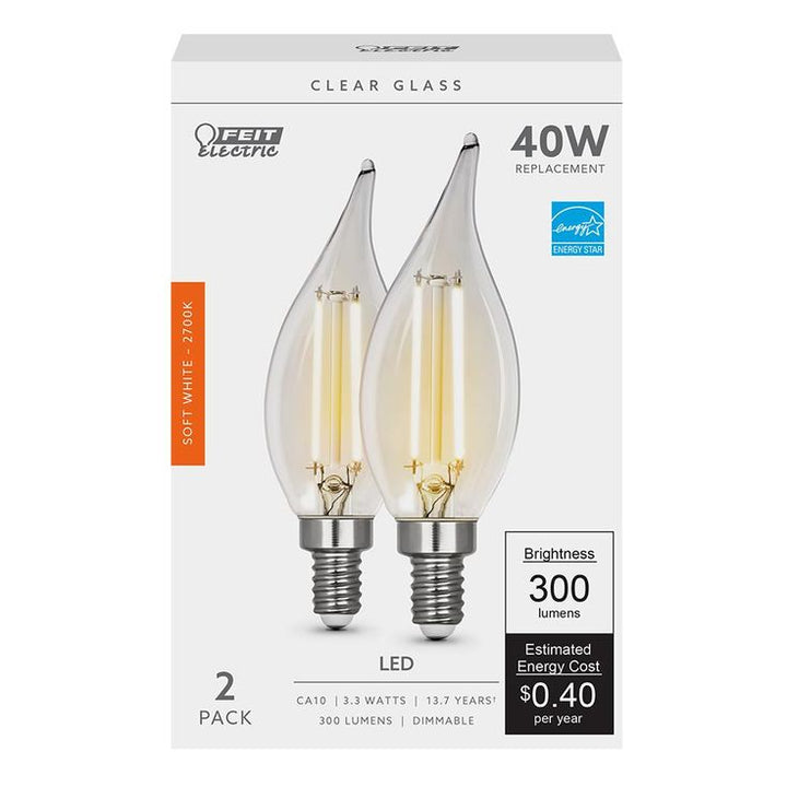 Feit Electric 40-Watt CA10 Dimmable LED Candelabra Clear Glass Vintage Edison Light Bulb with Straight Filament Soft White (12-Pack)