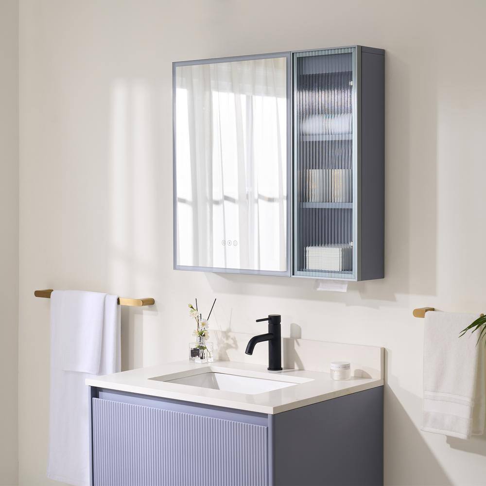 WELLFOR 30 in. W x 28 in. H Rectangular Dimmable Anti-Fog LED Wood Surface Mount Medicine Cabinet with Mirror in Lavender