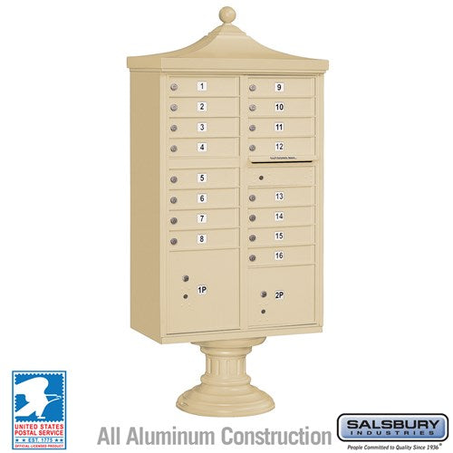 Regency Decorative Cluster Box Unit with 16 Doors and 2 Parcel Lockers in Sandstone - USPS Access