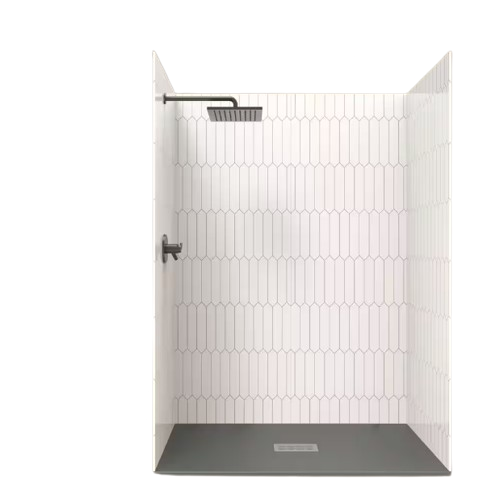 CASTICO 60 in. L x 32 in. W x 84 in. H Solid Composite Stone Shower Kit with Gray Picket Walls & Cntr Graphite Sand Shower Pan
