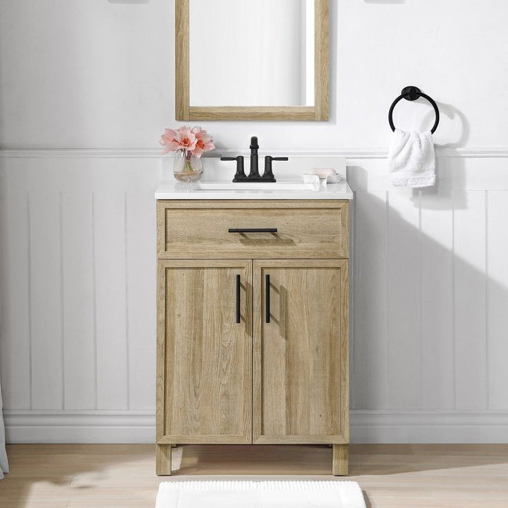 Style Selections Dolton 24-in Natural Oak Undermount Single Sink Bathroom Vanity with White Engineered Marble Top (Mirror Included)