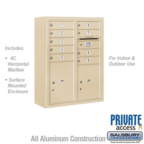 10 Door High Surface Mounted 4C Horizontal Mailbox with 9 Doors and 2 Parcel Lockers in Sandstone