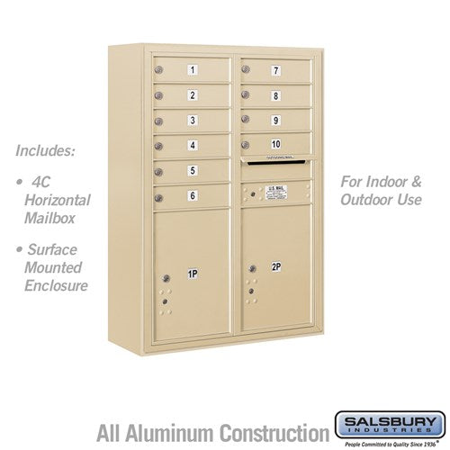 11 Door High Surface Mounted 4C Horizontal Mailbox with 10 Tenant Doors and 2 Parcel Lockers in Sandstone
