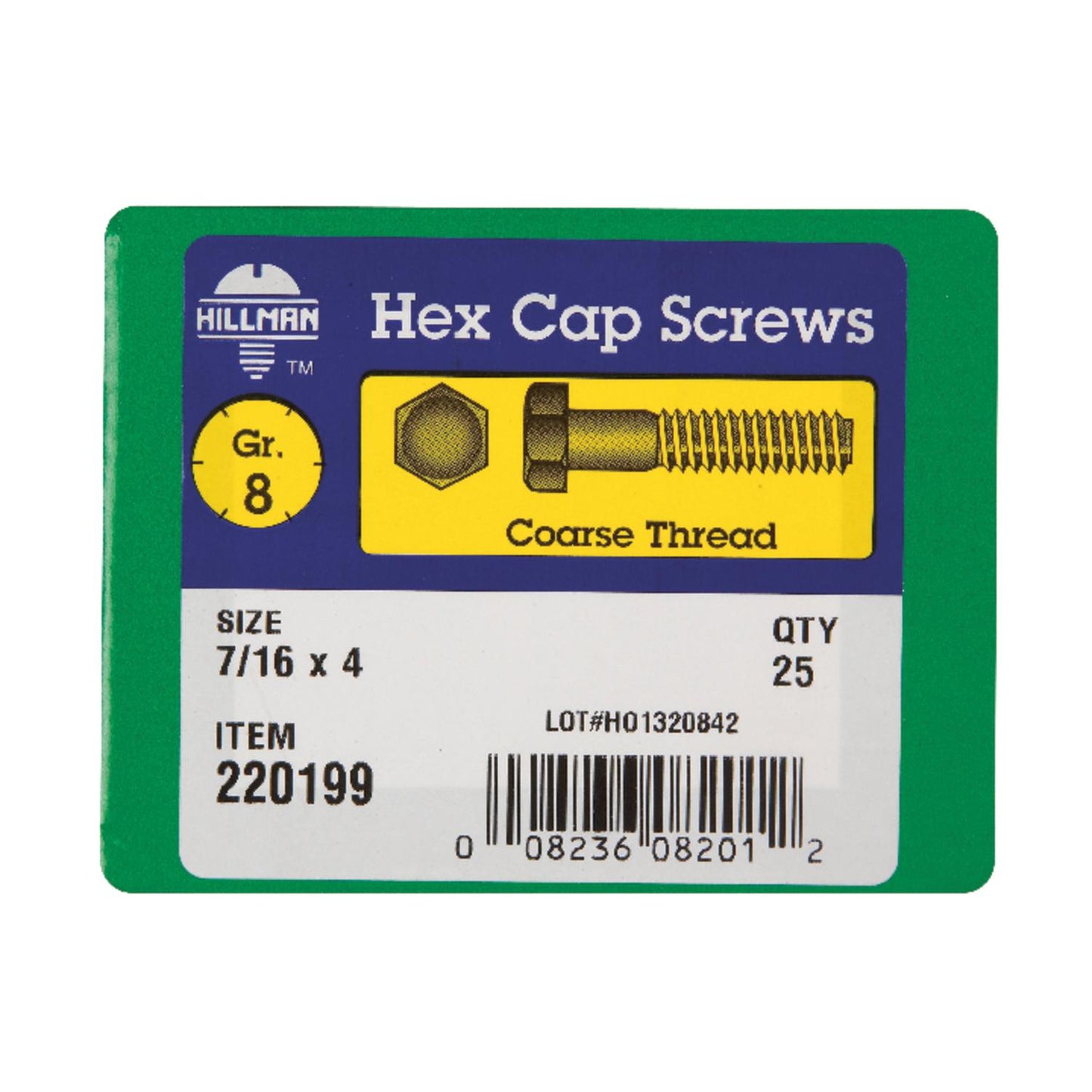 Hillman 7/16 in. Diameter x 4 in. Length Grade 8 Heat-Treated Steel Hex Head Cap Screws, Coarse Thread, 25-Pack