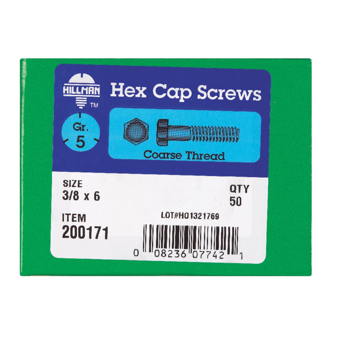 Hillman 3/8 in. Diameter x 6 in. Length Heat-Treated Zinc Steel Hex Head Cap Screws, Coarse Thread, 50-Pack