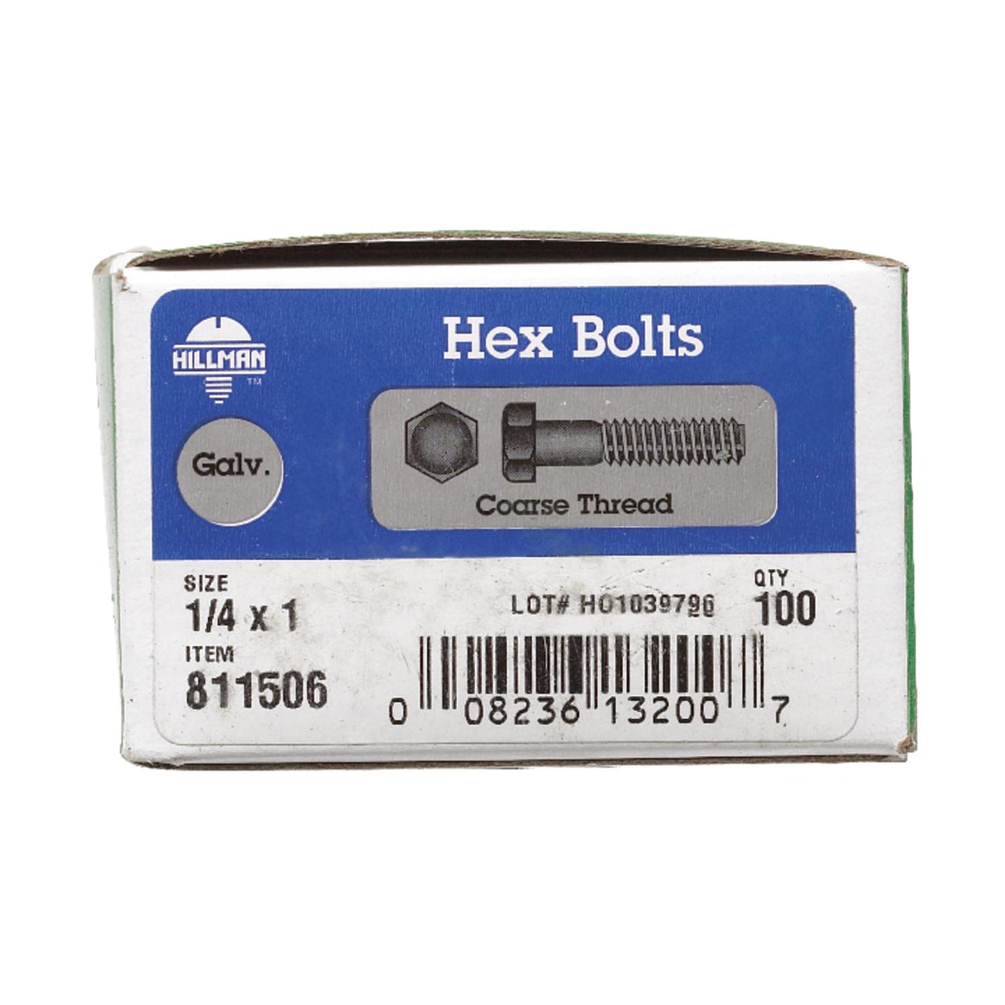 Hillman 1/4 in. Diameter x 1 in. Length Hot-Dipped Galvanized Steel Hex Bolt, Coarse Thread, 100-Pack