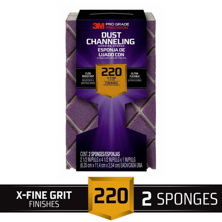 3M Pro Grade Precision 4-1/2 in. x 2-1/2 in. x 1 in. 220-Grit X-Fine Dust Channeling Sanding Sponge (2-Pack)