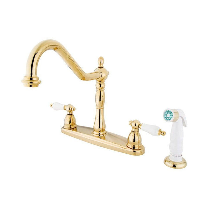 Elements of Design New Orleans Polished Brass 2-Handle Deck-Mount Bridge Kitchen Faucet with Deck Plate and Side Sprayer