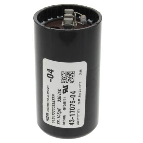 Rheem 43-17075-04 capacitor - front view (MFD: 88/106; Product Type: Capacitor)