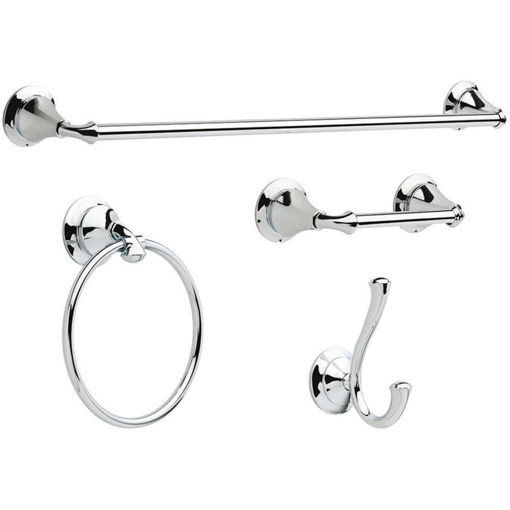 DELTA Linden 4-Piece Decorative Bathroom Hardware Set, Polished Chrome – 24 in. Towel Bar, Pivoting Toilet Paper Holder, Towel Ring & Double Robe Hook