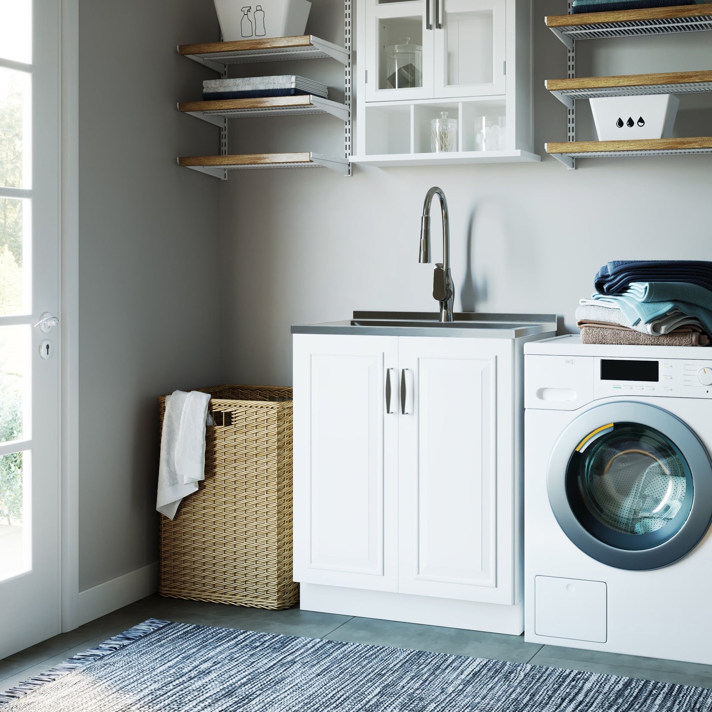 Simpli Home Darwin 27.3" Pure White Freestanding Laundry Sink with Cabinet