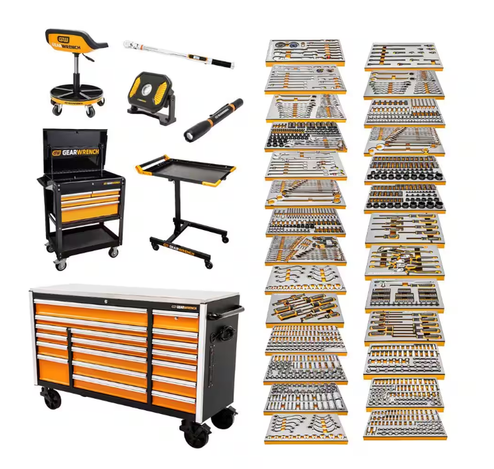 MEGAMOD 72 in. x 25 in. 18-Drawer Mobile Workbench Cabinet with Master Mechanics Tool Set in Foam Trays (1,268-Pieces)