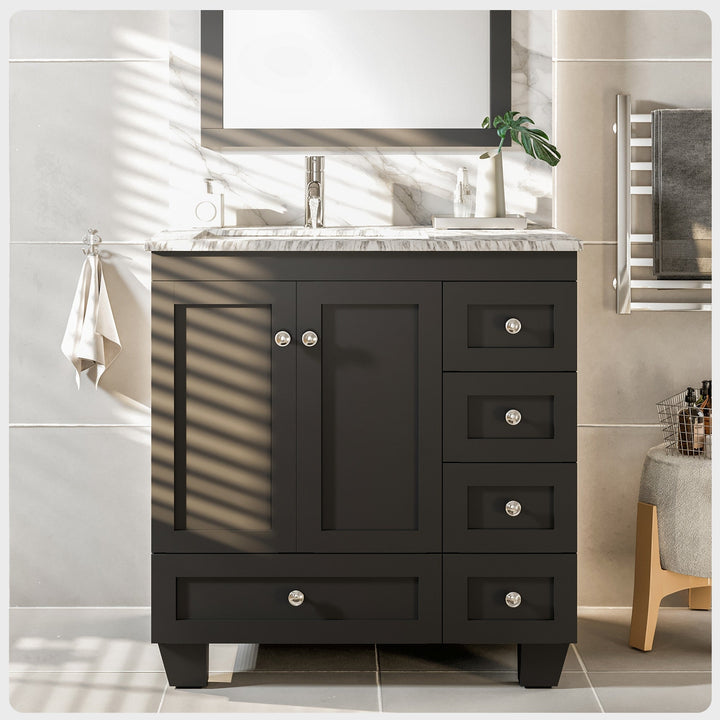 Eviva Happy 30 in. W x 18 in. D x 34 in. H Bathroom Vanity in Espresso with White Carrara Marble Top and White Sink