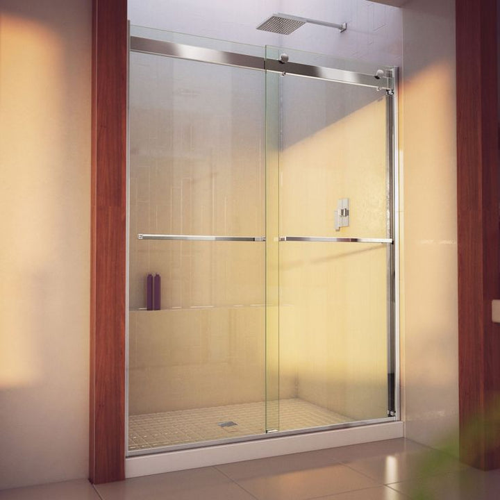 DreamLine Essence-H 76-in H x 56-in to 60-in W Frameless Bypass/Sliding Brushed Nickel Shower Door (Clear Glass)