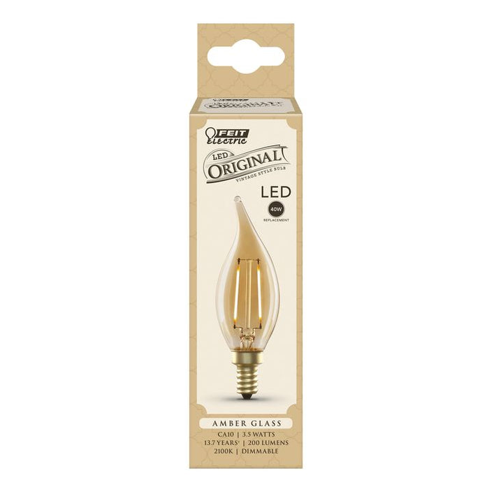 Feit Electric 40-Watt CA10 Dimmable LED Candelabra Amber Glass Vintage Edison Light Bulb with Striaght Filament Warm White (12-Pack)
