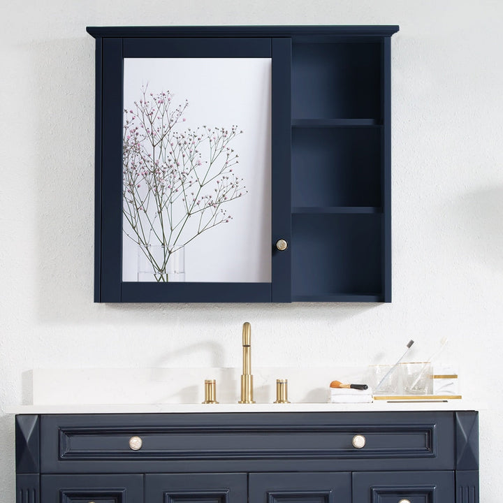 WELLFOR Solid Wood 34-in x 30-in Surface Mount Navy Blue Mirrored Soft Close Medicine Cabinet