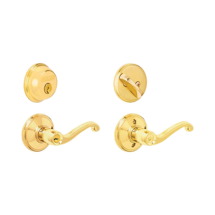 Schlage Flair Bright Brass Lever and Single Cylinder Deadbolt, ANSI Grade 2, Fits 1-3/4 in Doors