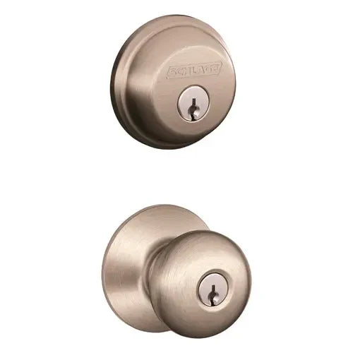 Schlage Plymouth Satin Nickel Deadbolt and Entry Door Knob, ANSI/BHMA Grade 1, Fits 1-3/4 in Doors